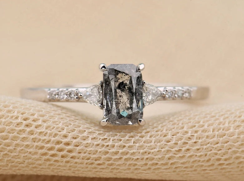 Salt and Pepper Cushion Gray Engagement Ring Side Stone Triangle VS White Diamond Wedding Ring ! Gift For Her ! Anniversary Gift